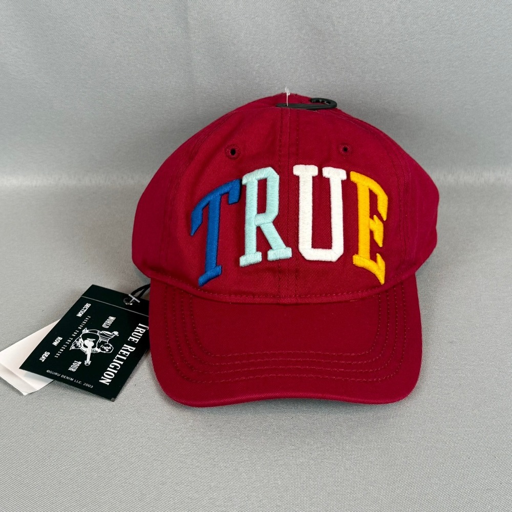 True Religion Adjustable Hat Mens Red Logo Spellout Cotton TR2567 $58 New NWT